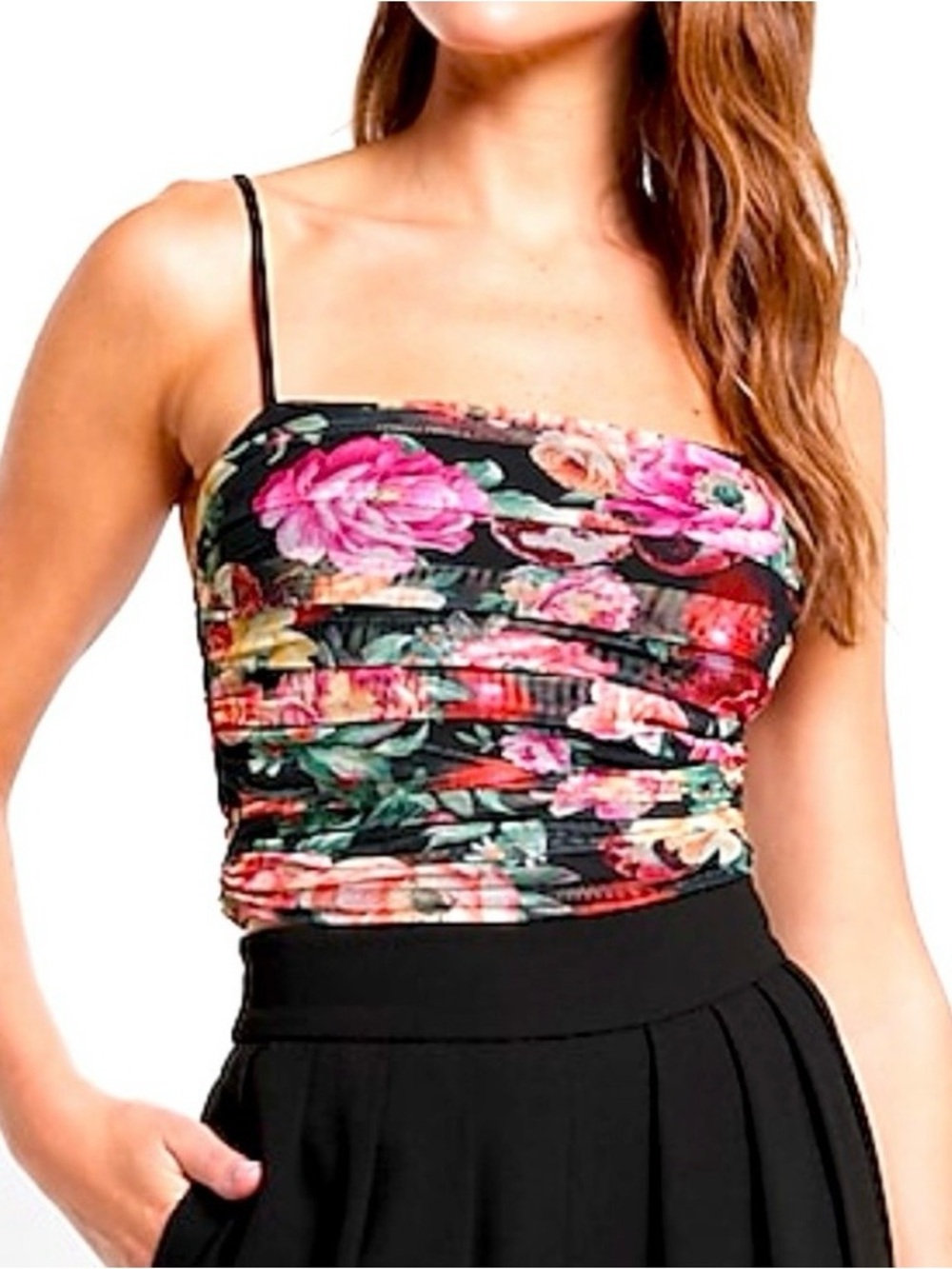 Express Body Contour Floral Ruched Cami Top  Black /Multi L NWT